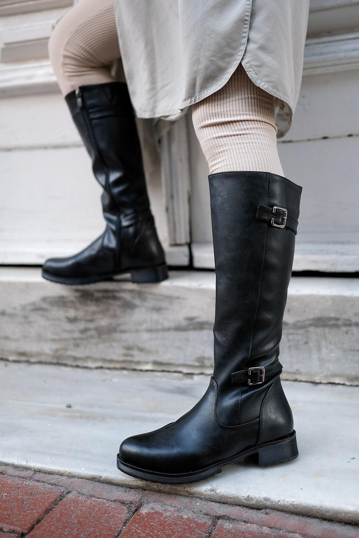 

Женские модные черные сапоги до колена с двойной пряжкой