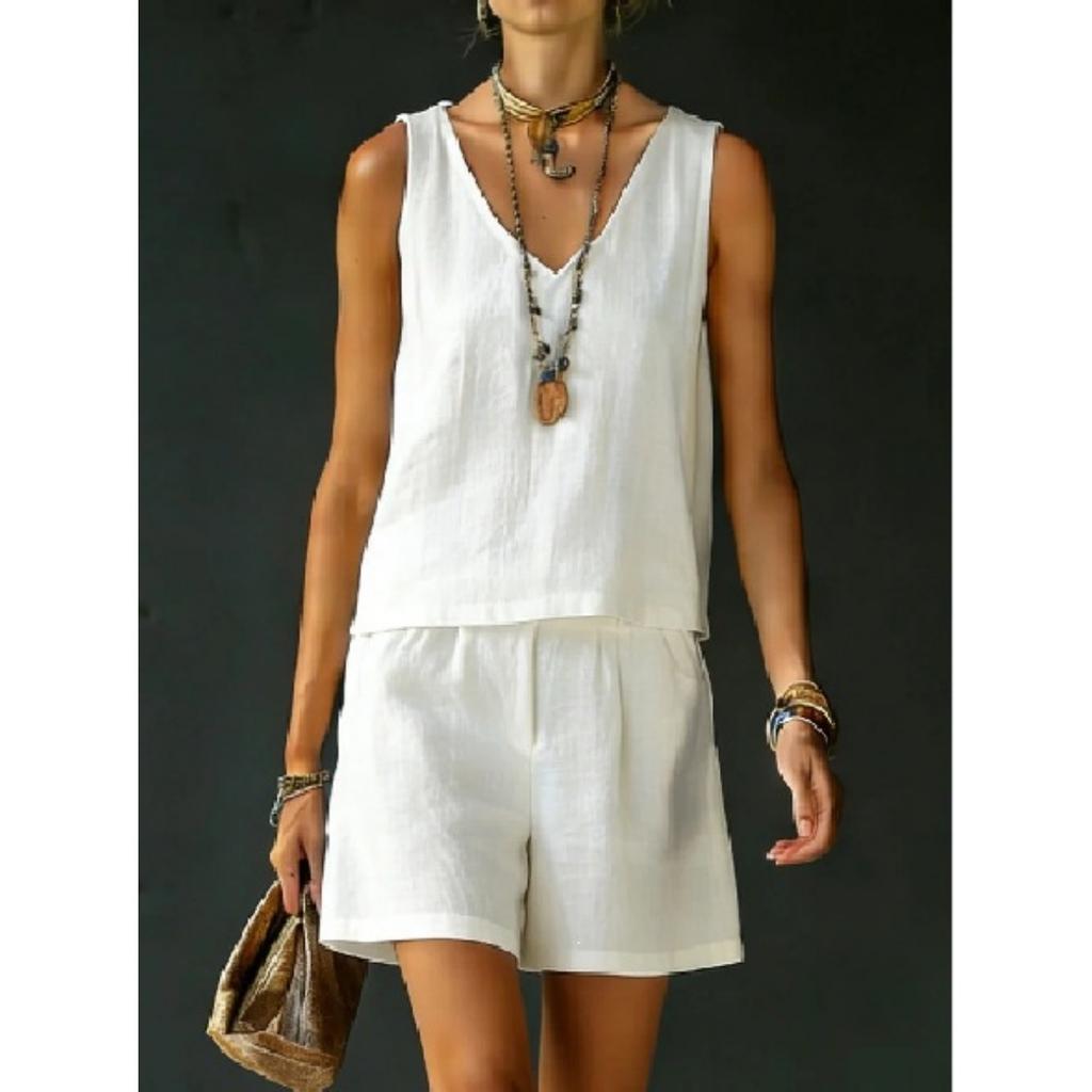 Summer Women Solid 2 Piece Set Casual Sleeveless Linen Cotton Top Vest Shorts Suit Outfit