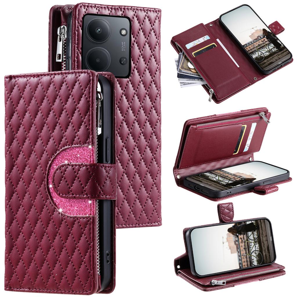 Dla Xiaomi Redmi 15C 5G (UE) (173mm)/15C 4G (UE) (173mm) Etui Kieszeń na zamek błyskawiczny Brokatowa skóra Pokrowiec na telefon ze smyczą na nadgarstek