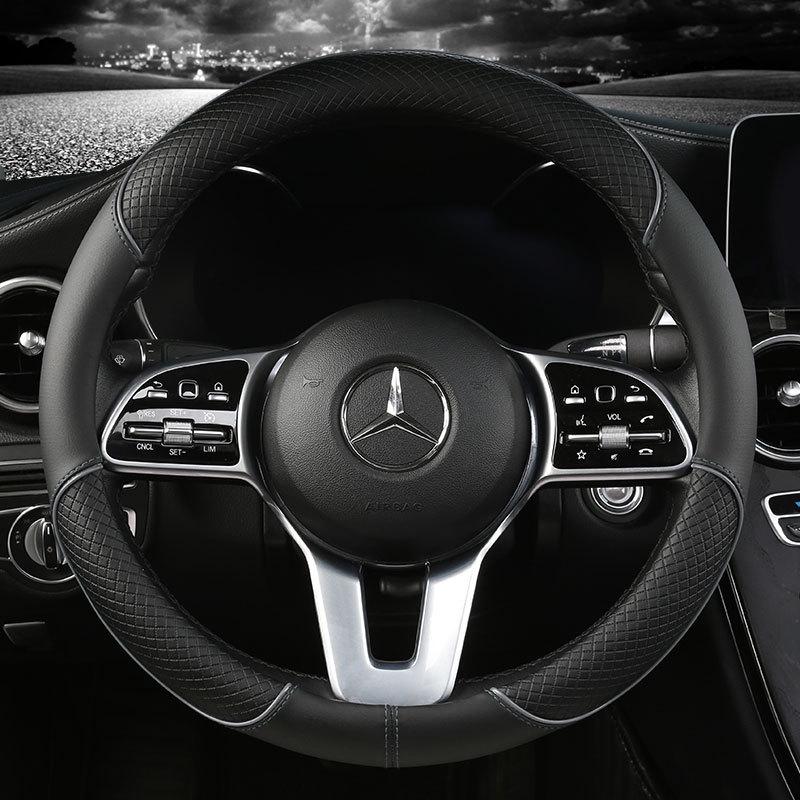 Universal Embossed All-Leather Anti-Slip Car Steering Wheel Cover - Faux Leather Grip, White Ring