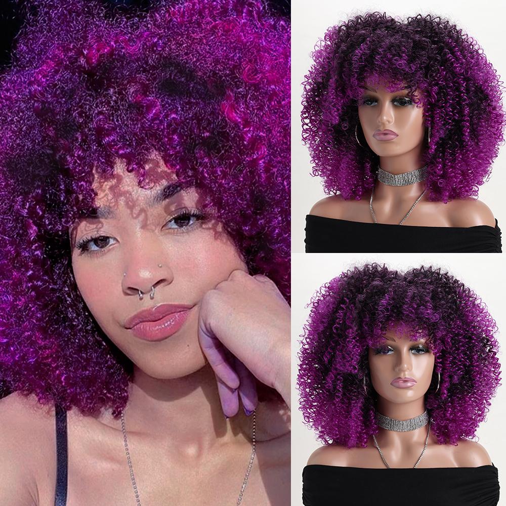16 Zoll Afro Kinky Curly Synthetikhaar Gradient Lila Perücken mit Pony Weiche Flauschige Faser Perücken für Party Cosplay Tägliche Nutzung