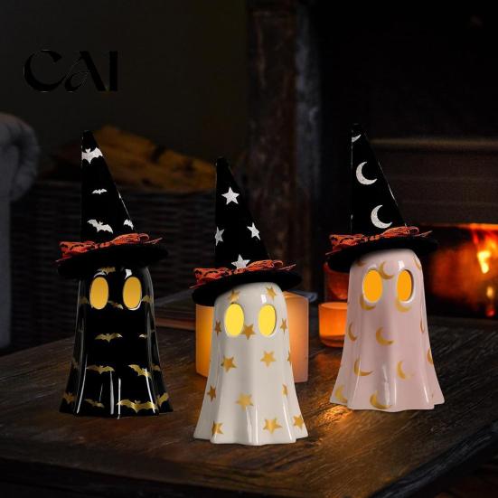 Gifts for Halloween Light Up Ghost Decoration, Cute Spooky Witch Hat Figurine, Glowing Ornaments Resin LED Lighted Statue Mantel, Shelf, Indoor