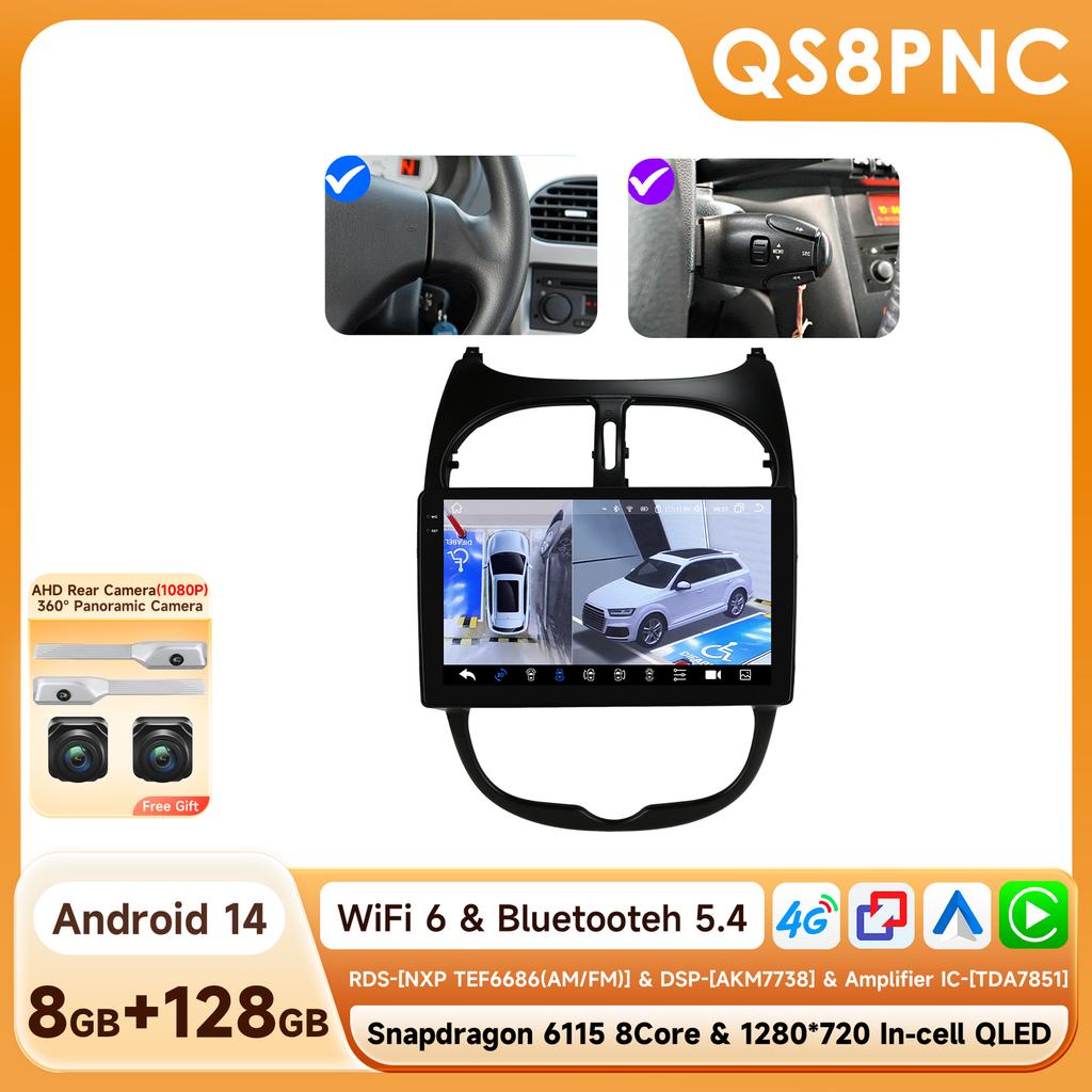 OSSURET Snapdragon 6115 Car Radio Autoradio for PEUGEOT 206 206SW 206CC 2001 - 2008 Carplay Android Auto Multimedia GPS 360 Cam Stereo