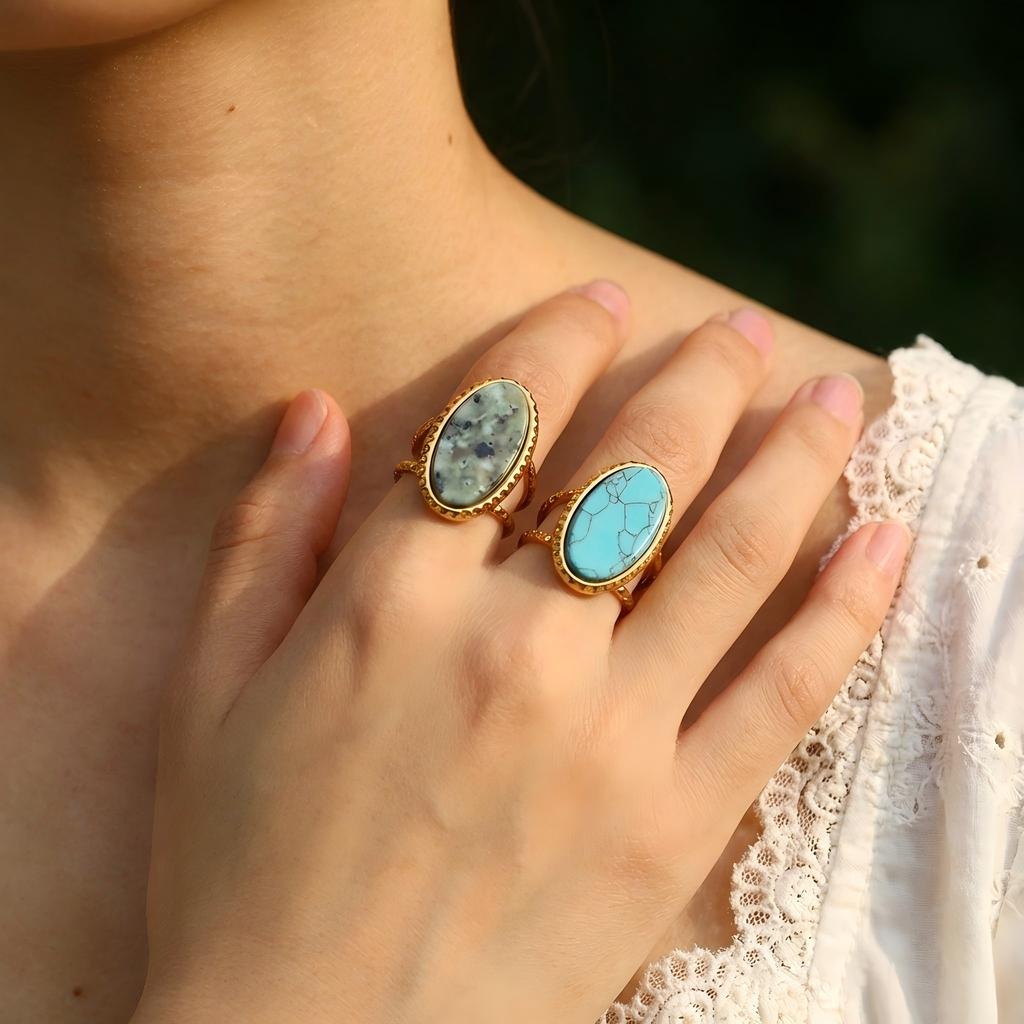 Bohemian Oval Turquoise Tiger Eye Adjustable Open Ring for Women Stainless Steel Gold Plated Finger Jewelry Gift Waterproof