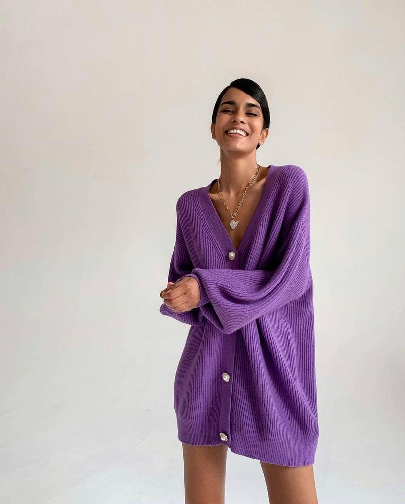 Women's Autumn/Winter Pearl Button Cardigan Sweater Coat - Loose Fit & Solid Color