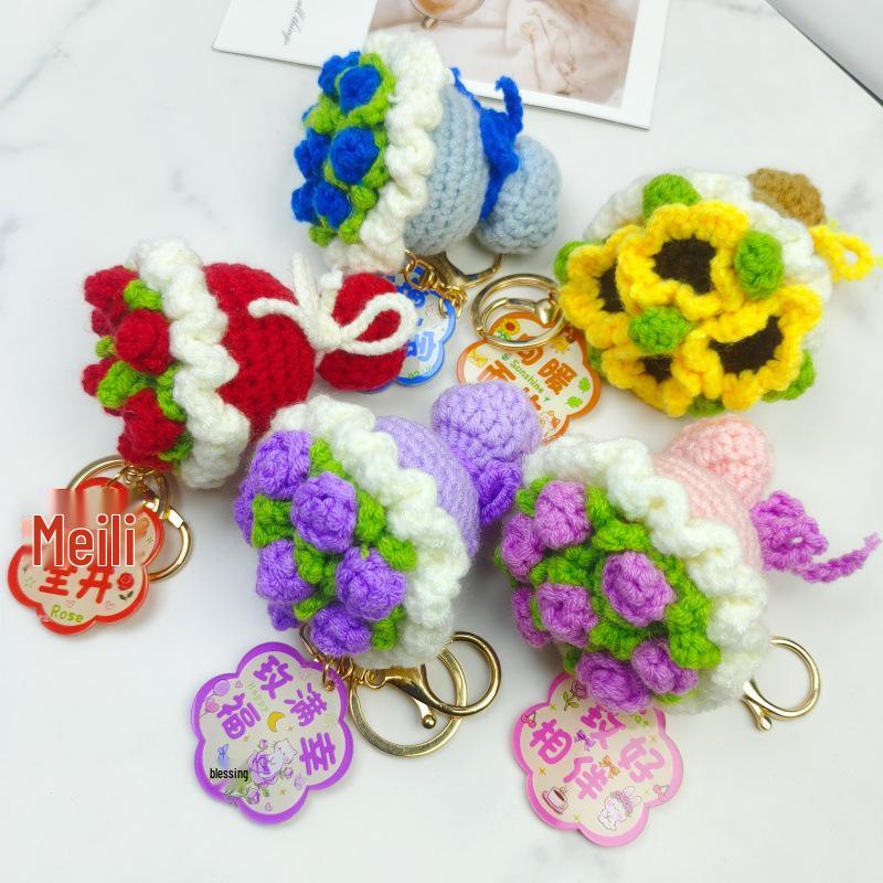 Handmade Knit Yarn Rose Flower Keychain Bag Accessory Gift
