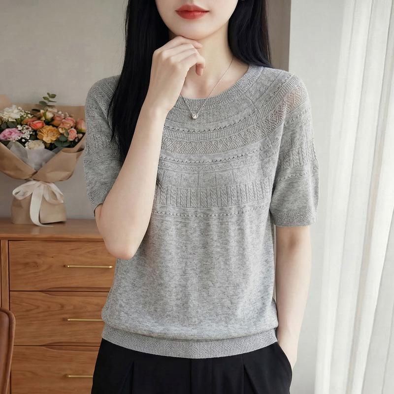 

Round-neck Knitted Short-sleeved Women s Sheer Solid-color Pullover Base Layer T-shirt - Spring/Summer New Design XL сірий колір