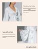 Black & White Satin Morning Robe with Flared Sleeves, Lace Accents, Long Style, Tie Belt, and Train Hem