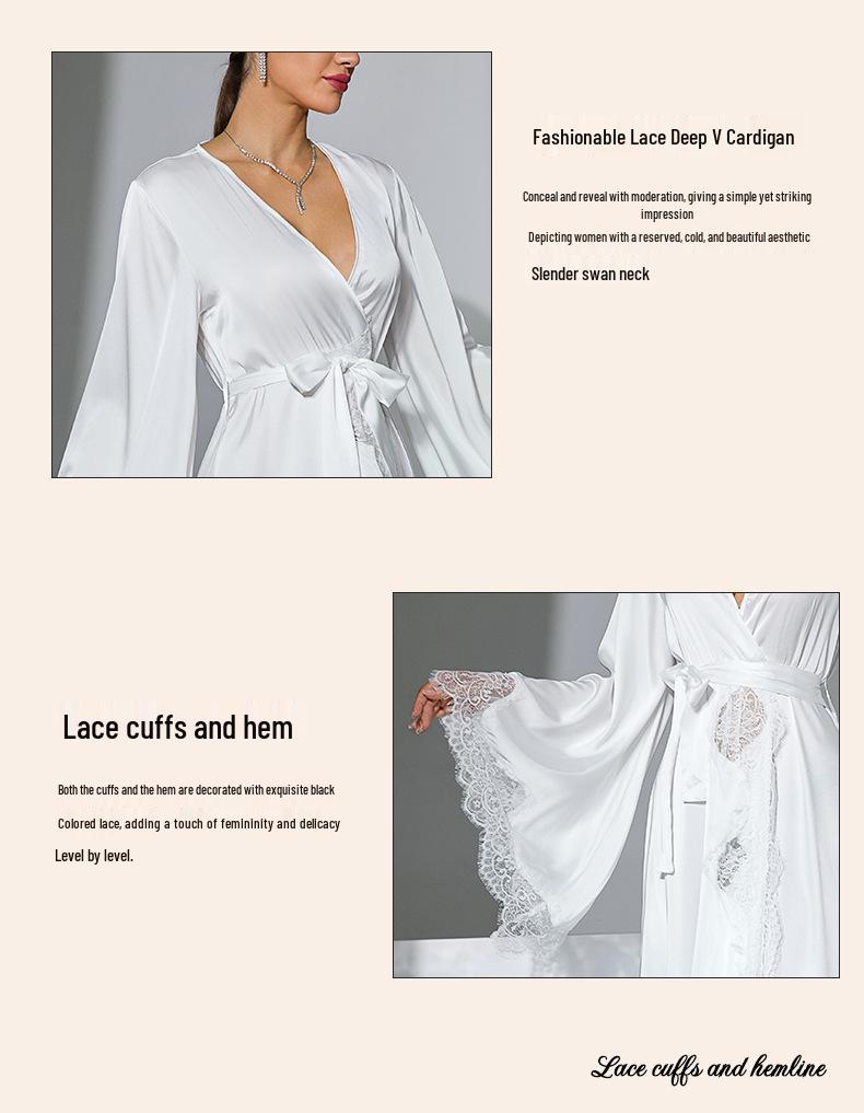 Black & White Satin Morning Robe with Flared Sleeves, Lace Accents, Long Style, Tie Belt, and Train Hem