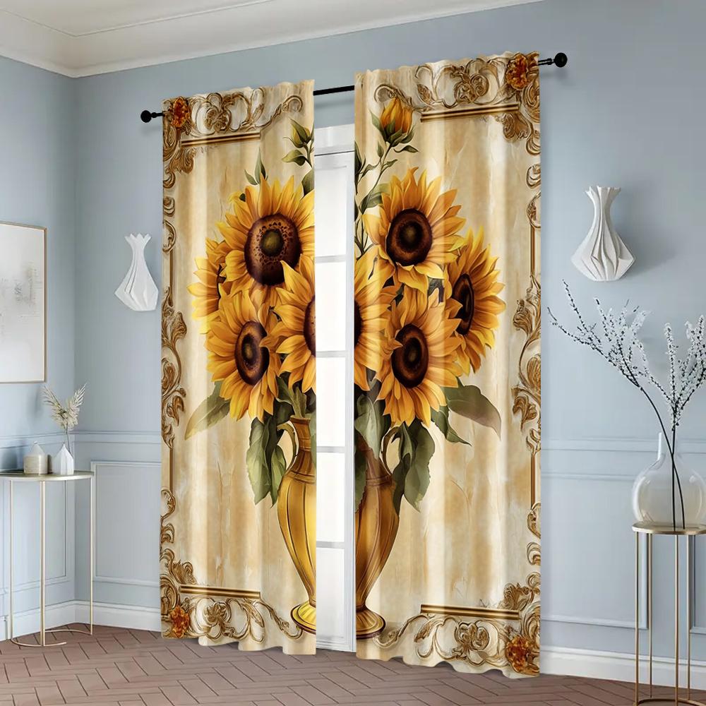 2pcs, Curtains Chrysanthemum print Polyester Woven (without rod) Versatile All for Season Home Decor for Living Room & Bedroom