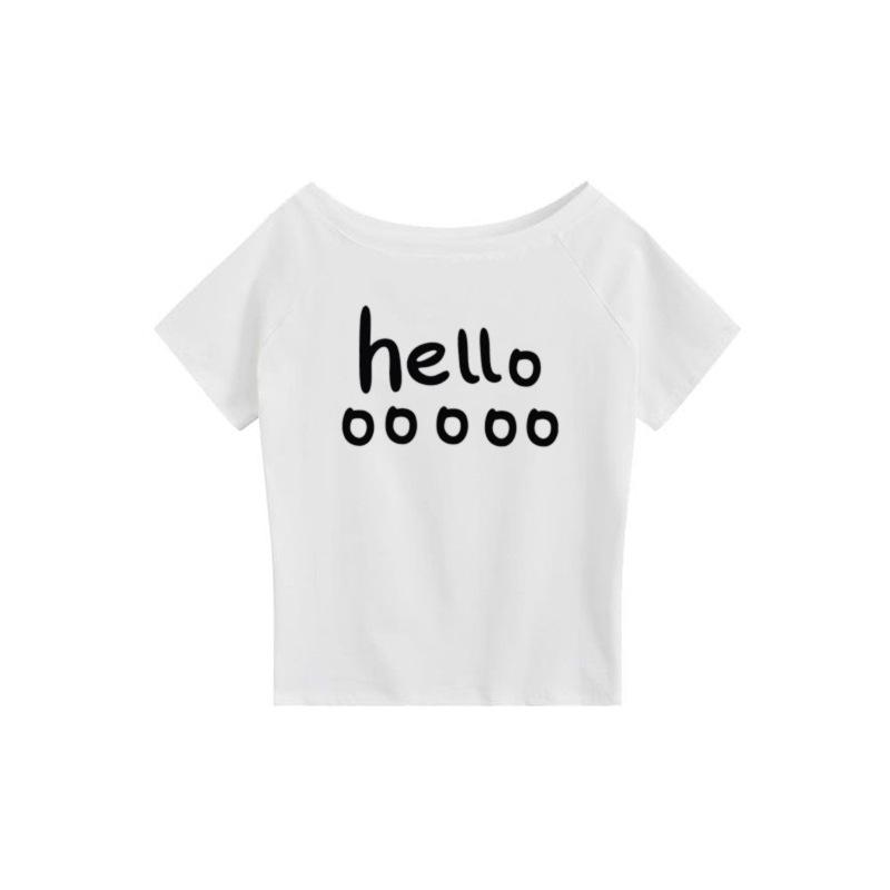 Black slanted shoulder off-shoulder short-sleeved T-shirt women s summer new simple letter design casual loose top women S