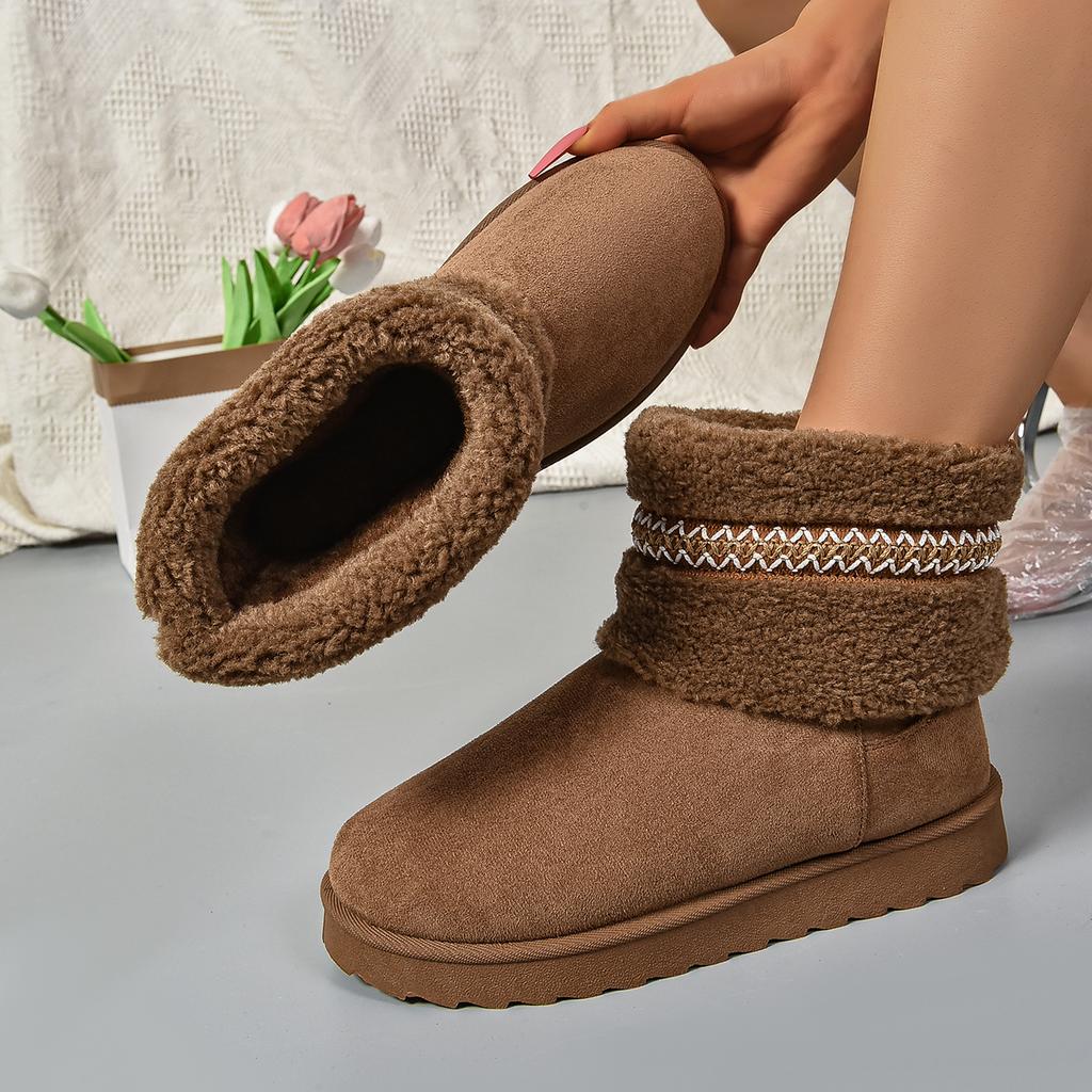 fashion Fashion Striped Short Plush Warm Snow Boots Women Winter Faux Fur Flat Ankle Boots Woman Comfortable Slip On Cotton Padded Shoes
