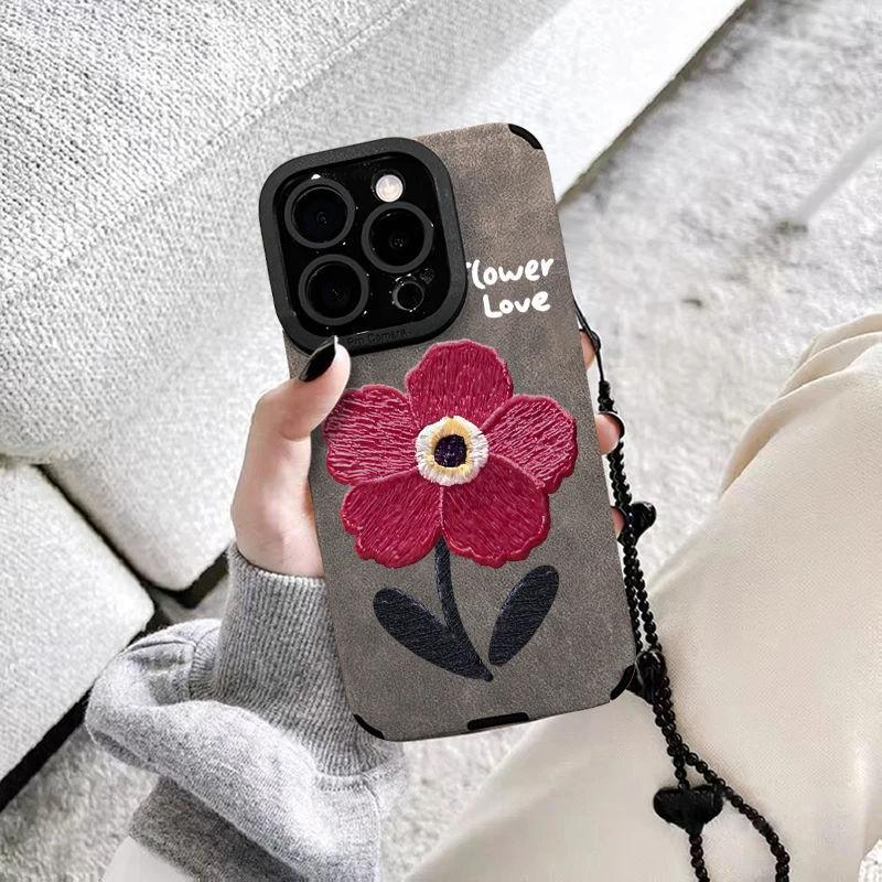 Oil painting small safflower iPhone17promax mobile phone case bracelet suitable for Apple 16promax flip fur 14 sets