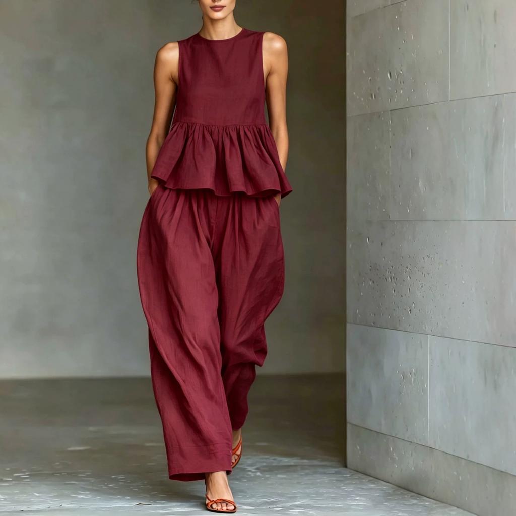 2026 summer new Amazon, suit women's sleeveless ruffle top + loose wide-leg pants two-piece commute
