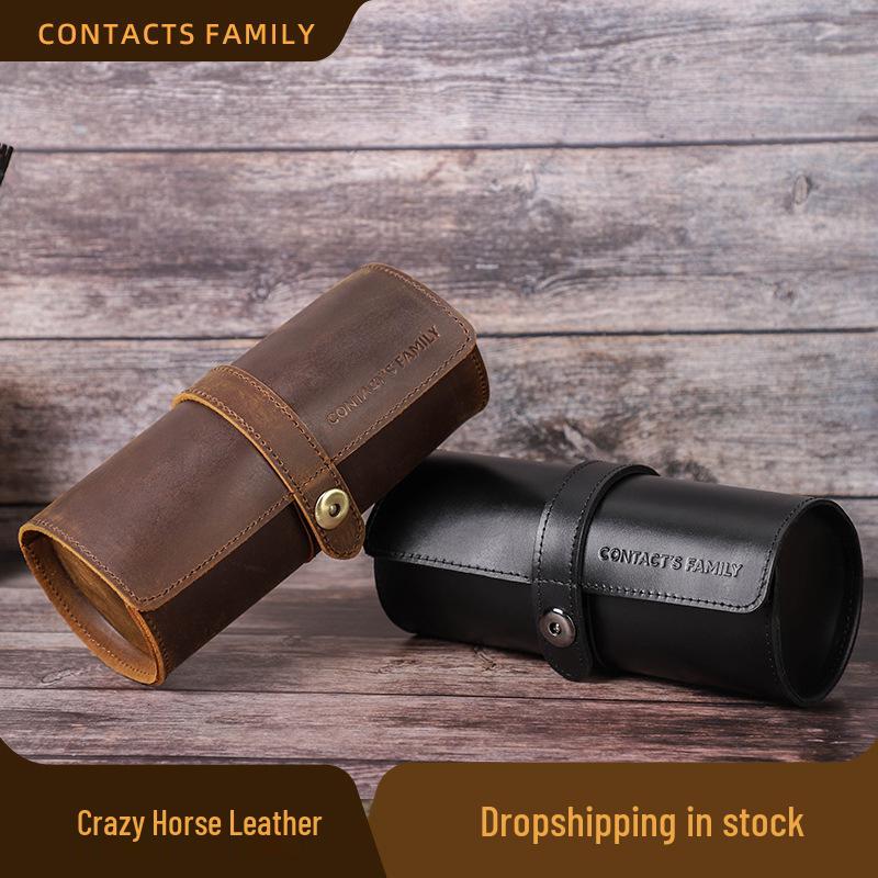 

Vintage Crazy Horse Leather Three-Slot Watch Storage Box - Top Grain Cowhide, Travel Portable чорний