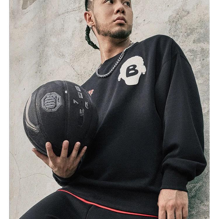 Sweat-shirt unisexe Li Ning Badfive à imprimé lettres 3D, coupe ample, en polaire, noir, AWDT873-5