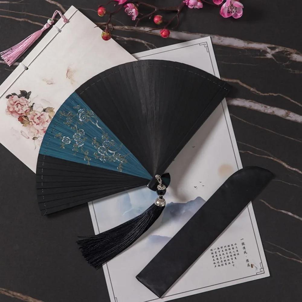 Chinese Style Japanese Classical Folding Fan Black Ancient Style Women's Folding Fan Portable Handmade Hand Fans Home Decoration