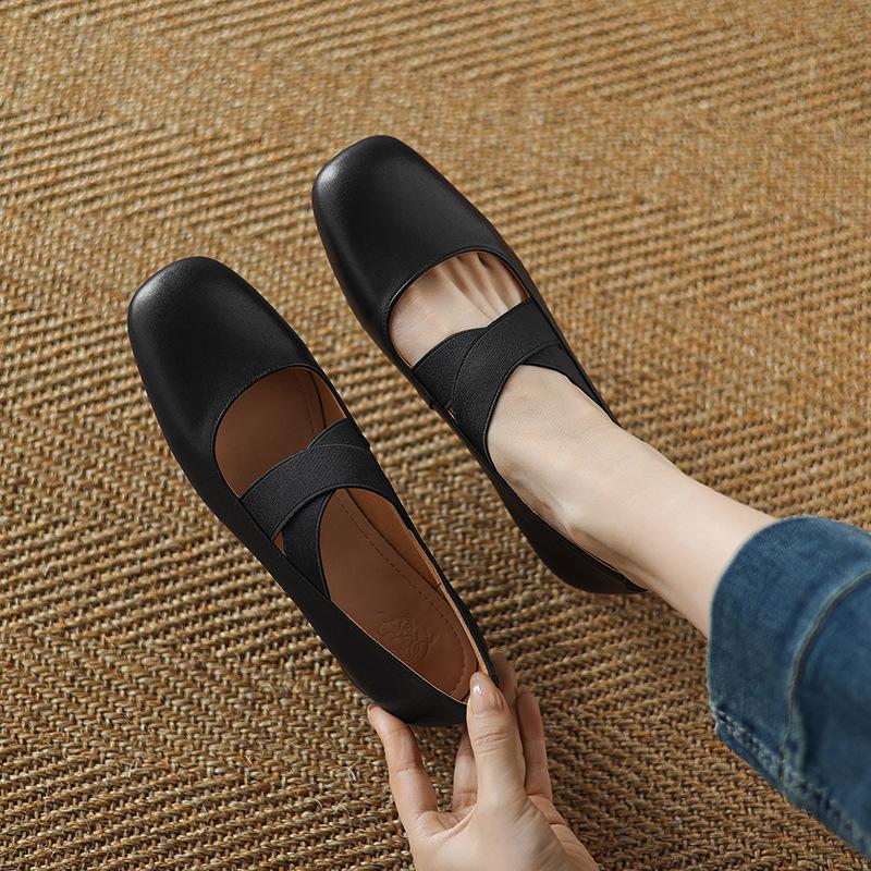 Spring and Summer 2025 New Retro French Square Head Cross Strap Elastic Ballet Low Heel Mary Jane Single Shoes Women