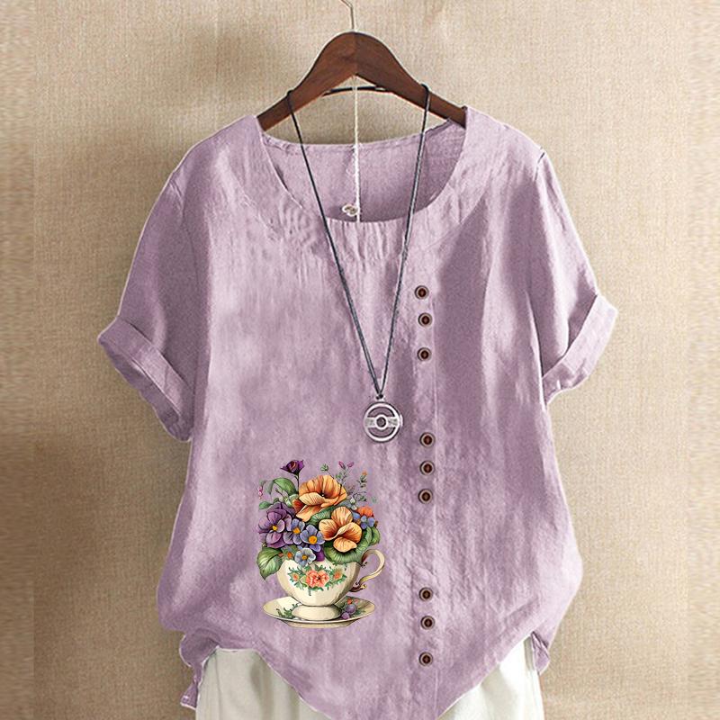 Women's Fashion Flower Prined Short Sleeve T-shirt Loose Cotton Shirt Casual Loose Summer Blouse Tops Plus Size