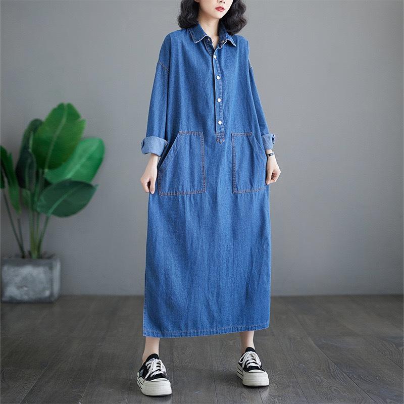 Women's Loose Denim Dress Casual Shirt Dress Outerwear