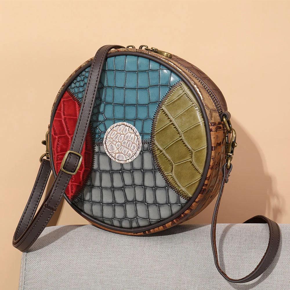 

Fashion Patchwork Mini Women s Leather Bags Round Design Bag for Women s Shoulder Bag Genuine Leather Small Crossbody Bags