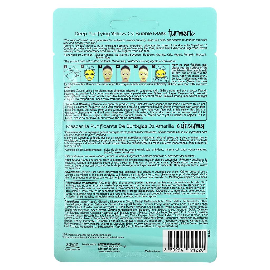 Purederm, Głęboko oczyszczająca żółta maska O2 Bubble Beauty Mask, Kurkuma, 1 maska w płachcie, 0,88 uncji (25 gramów)