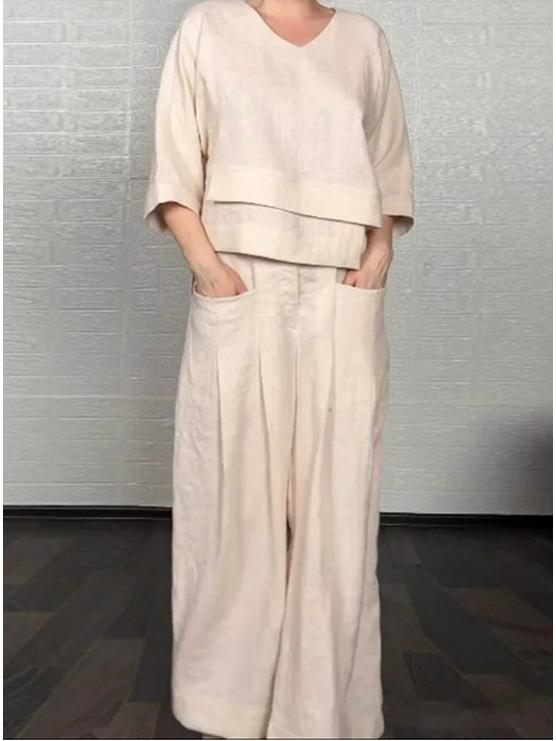 2025 Euro-American Style Solid Color Casual Two-Piece Set: Crew Neck Top & Mid-Waist Pocket Pants