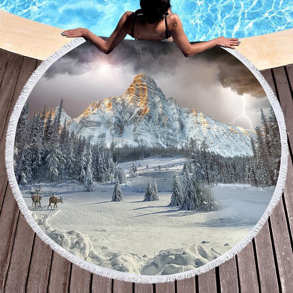 Natural Scenery Snow Mountain Round Beach Towel Sand Free Quick Dry Beach Towels with Tassels for Women Adult Swim Pool Yoga