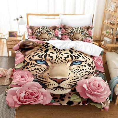 3pcs Single Twin Size Duvet Cover With 2 Pillowcases 3D Leopard Print Floral Breathable Bedding Sets 100% Polyester Home Decor
