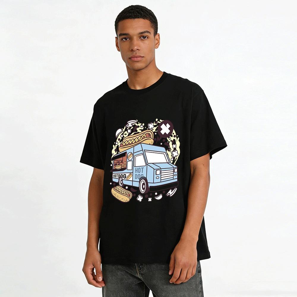 Fun American Street Hot Dog Food Truck Graphic Casual T-Shirt Pure Cotton T-shirt