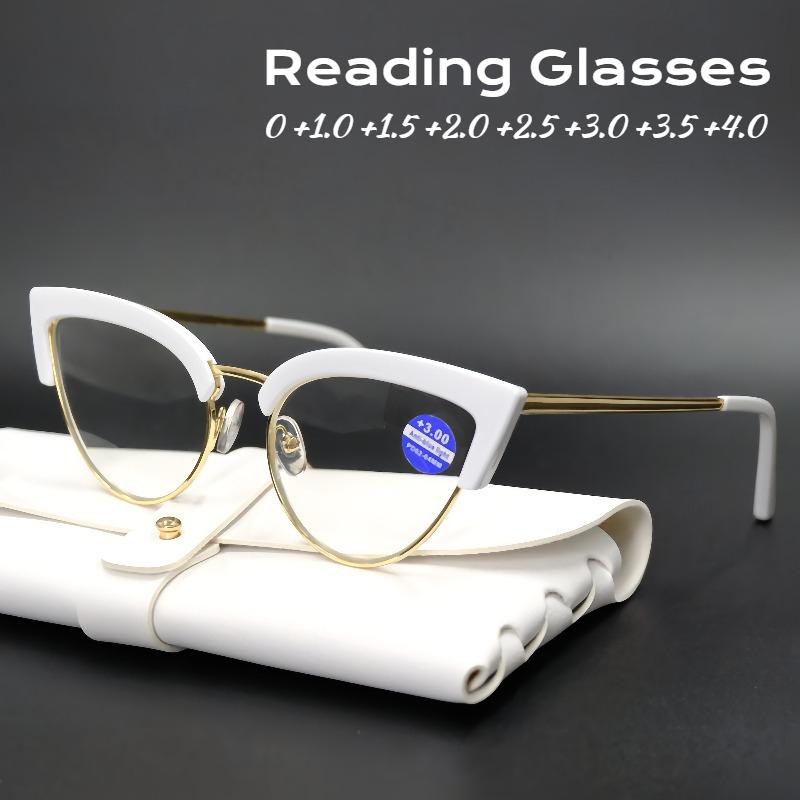 Metal Half Frame Cat Eye Reading Glasses Anti-blue Light Far Sight Glasses Women's Grade Presbyopia Glasses Diopters To +4.0