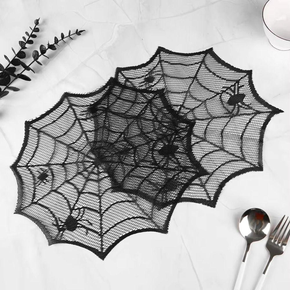 30cm Spider Web Placemats Polyester Black Lace Placemat Spider Web Table Mat Halloween Party