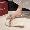 Fashion 2025 Women's Summer Outdoor New Style Fashion Transparent Crystal Water Diamond Sandals with Thick Heels Elegant and Beautiful