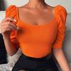 Elastic Women Top Fine Workmanship Cotton Blend Half Puff Sleeve Short T-shirt for Daily