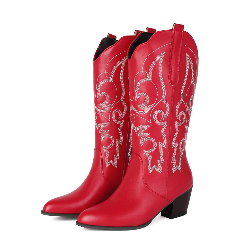 Embroidered Flower Women'S Boots Medium Tube Knight Boots Thick Medium Heel Locomotive Boots 40-48 Large Size Boots