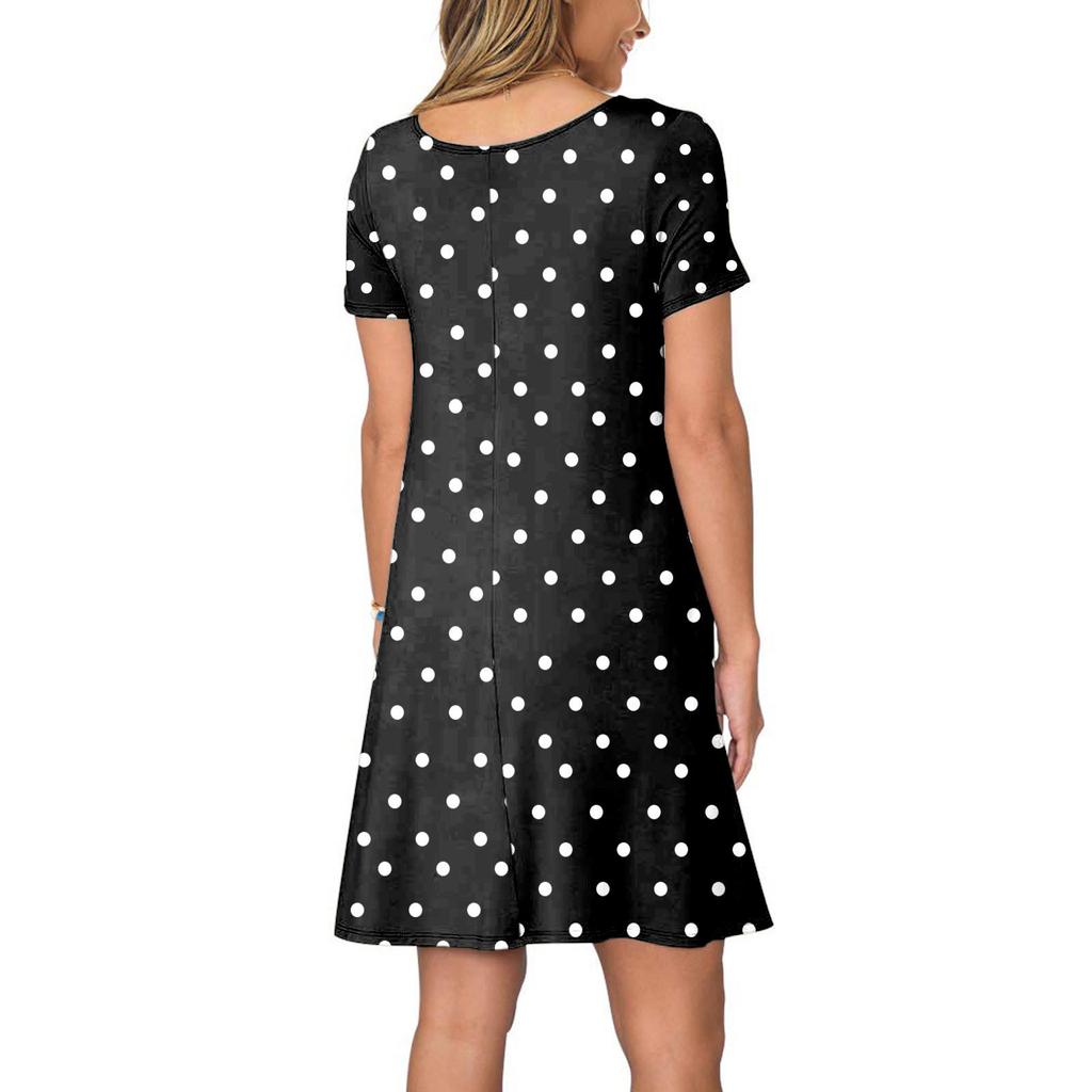 Women's Fashion Print Loose Casual Short-Sleeved Round Neck Pocket Dress