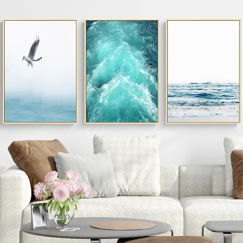 Blue Sea And Sky Nordic Landscape Canvas Painting Free Seagull Waves Beach Art Poster Living Room Cuadors Decor Seabirds Wall