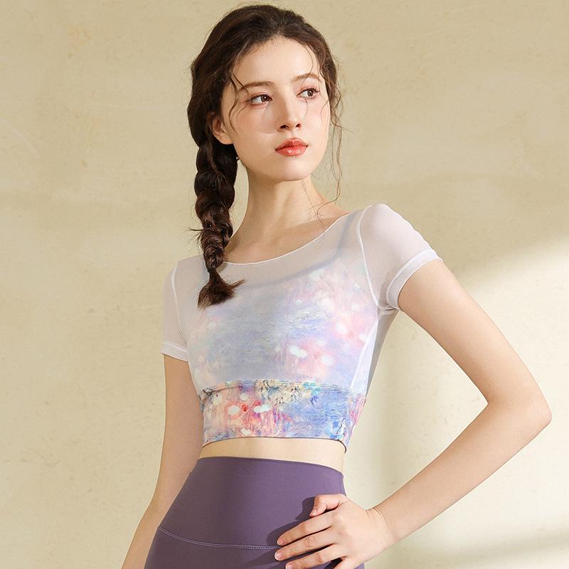 One-Shoulder Mesh Yoga Top with Chest Pads - Breathable, Hollow Design for Dance, Running, Fitness.