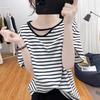 Women Black White Striped Cut Out Neck Short Sleeve Loose T Shirt