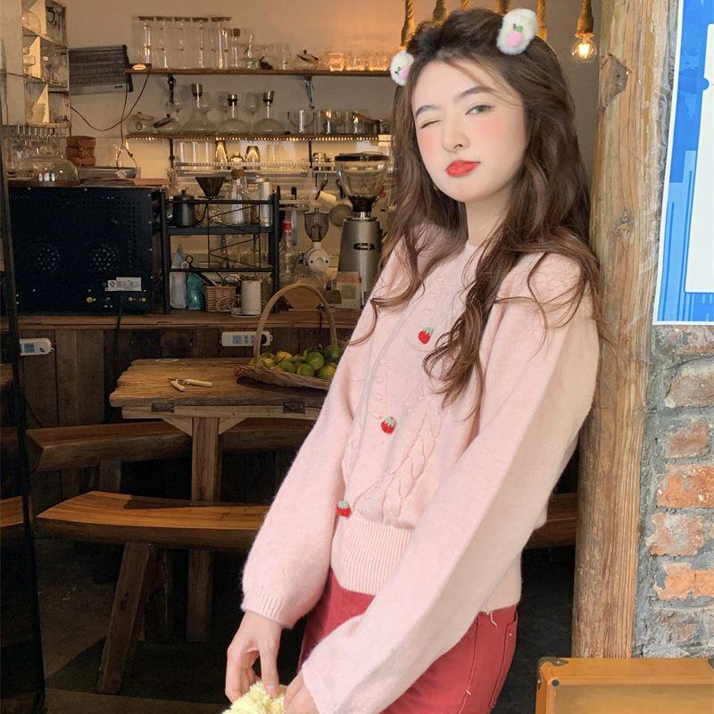 Sweet Girl Pink Little Strawberry Sweater Base with Soft Waxy Round Neck Long Sleeve Pullover Sweater Top