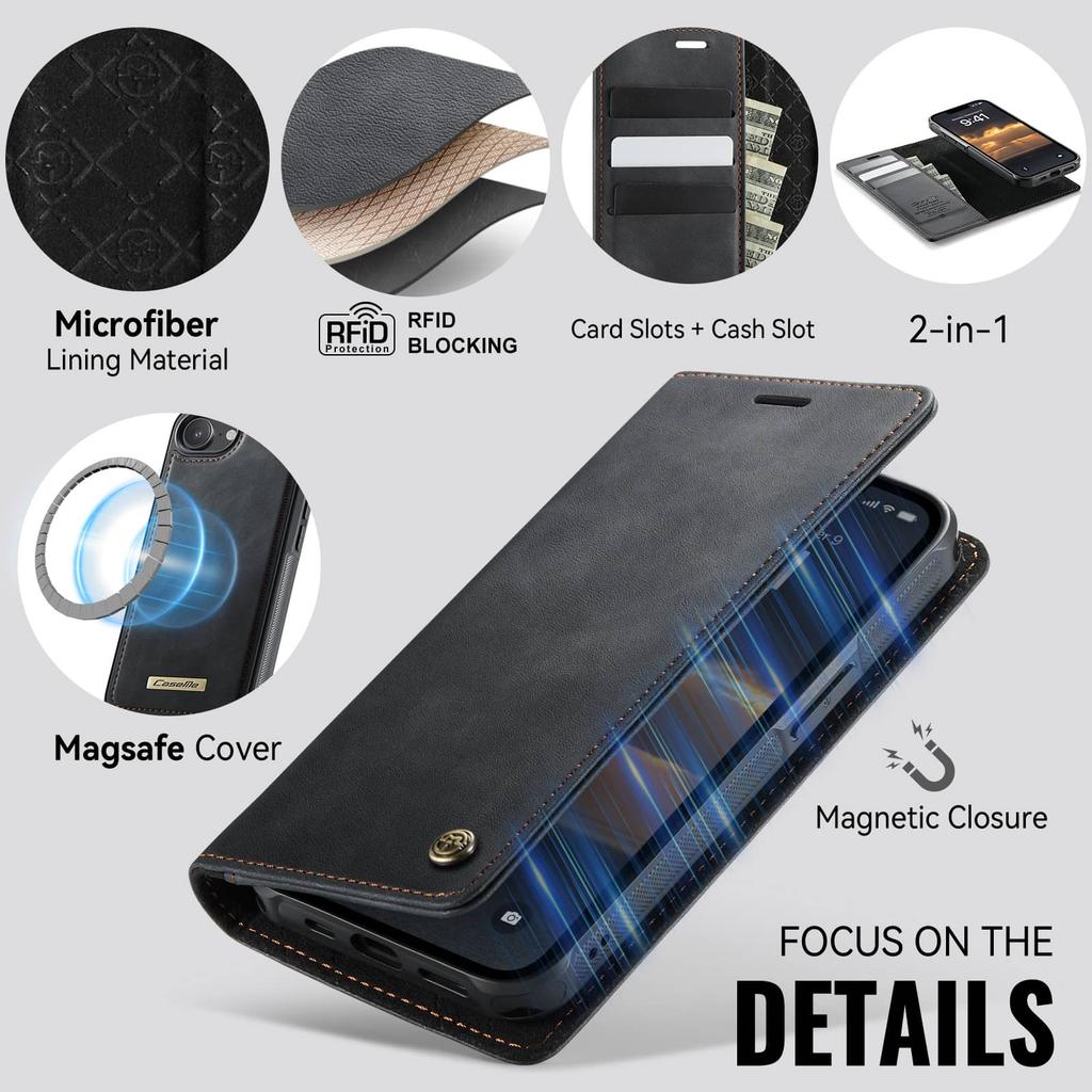 For iPhone 17e Magnetic 2-in-1 Detachable Wallet Case MagSafe Compatible RFID Blocking Card Holder Kickstand Shockproof Cover