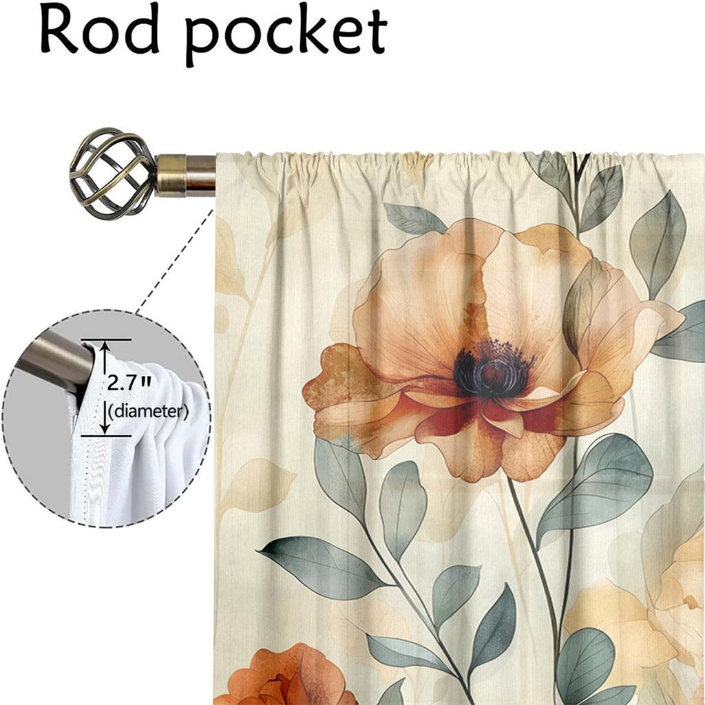 2Pcs Vintage Floral Curtains 3D Orange Poppy Pattern Living Room Bedroom Balcony Sunshade Art Decor Curtains