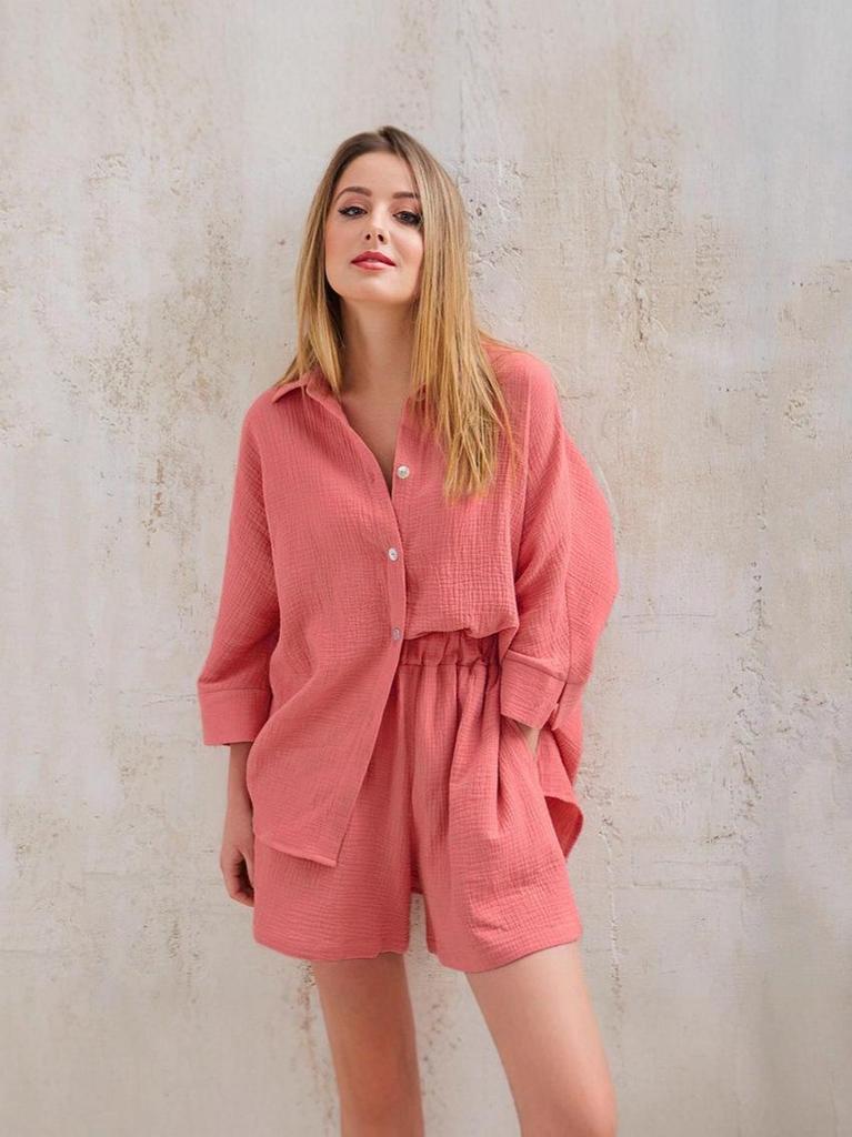 2025 Women's Summer Casual Pure Cotton Shirt and Shorts Set
