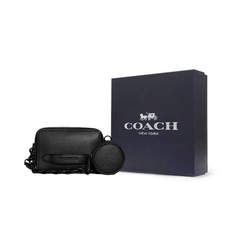 Coach Charter 19 Logo Print Double Layer Chain Wallet Charm Leather Camera Bag Handheld Shoulder Crossbody Bag Small Men Bags Black C6293-BLK