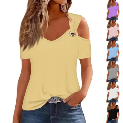 Fashion Womens Loose Solid Color V Neck Short Sleeve Casual Tops