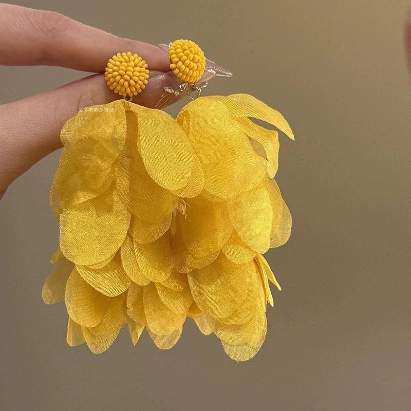 Exquisite Summer Flower Earrings Sweet Chiffon Dangle Drop Earrings For Women Boho Tassel Ear Jewelry Beach Party Accessories