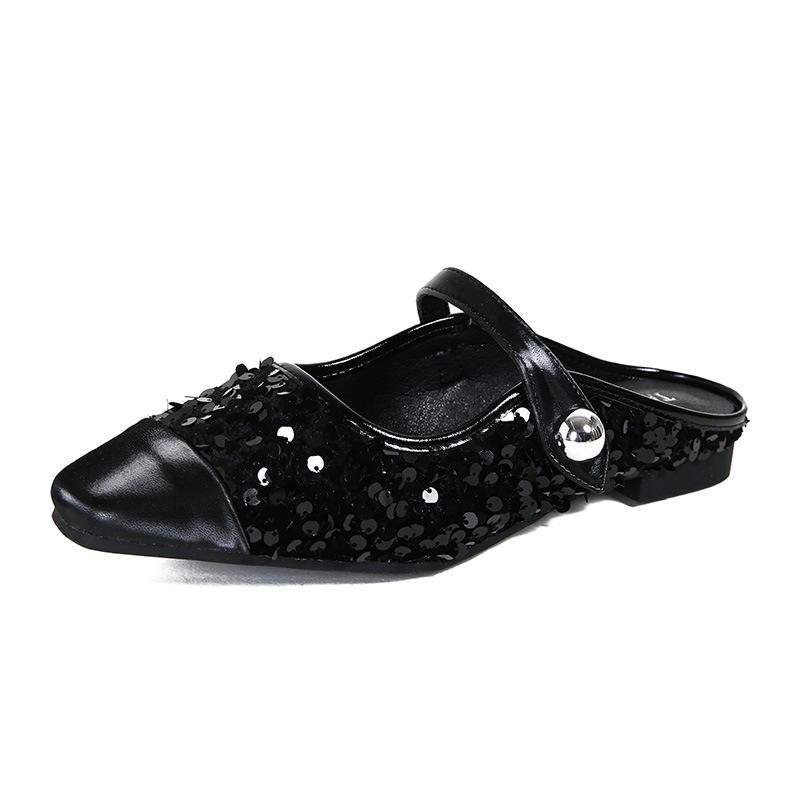 

Fashion silver glitter slippers women square toe outdoor slides shoes woman new summer shiny mules ankle strap party shoes big size 43 35 чёрный