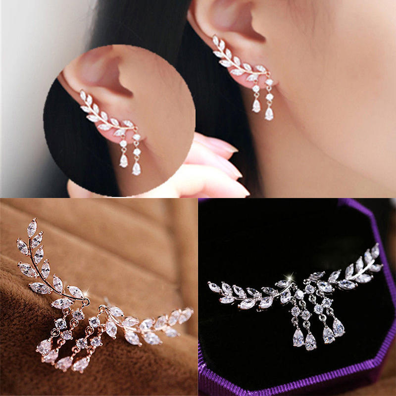 Women Gold Silver  Zircon Leaves Tassel Ear Stud Earrings Jewelry