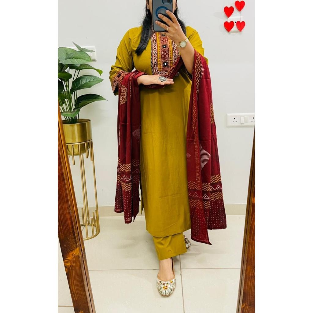 Bollywood Pure Cotton Ethnic Kurti Pant Dupatta Set Indian Women Top Kurta Set