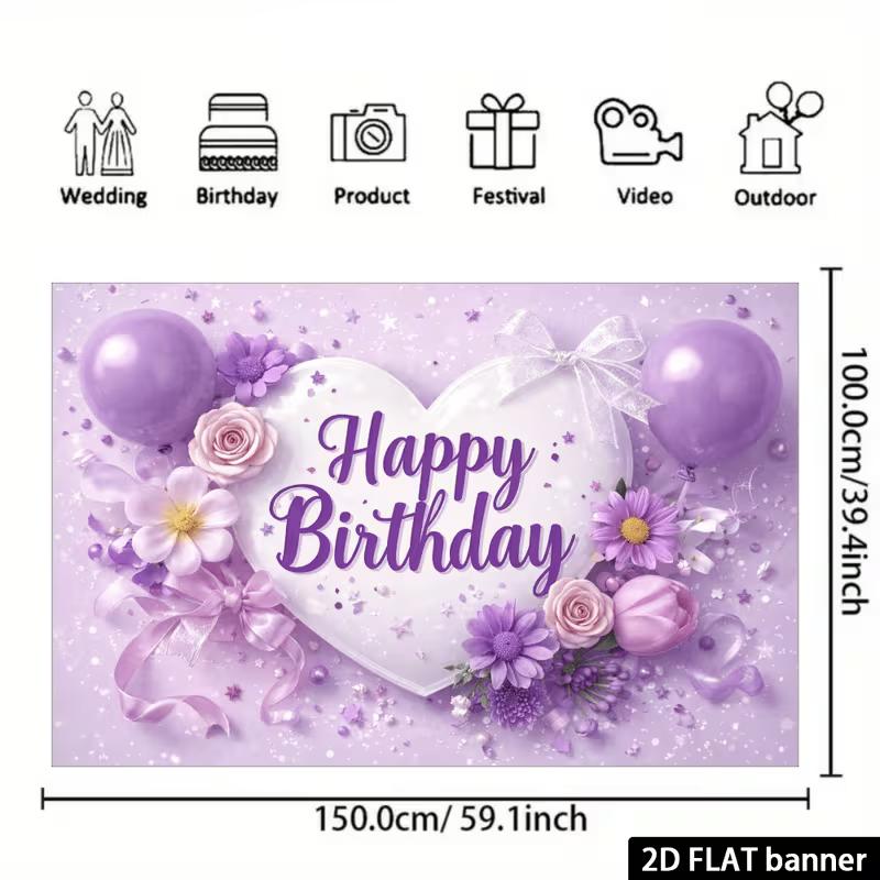 Sfondo 2D Buon Compleanno Cuore Viola Palloncini Floreali e Fiocco Sfondo Fotografico